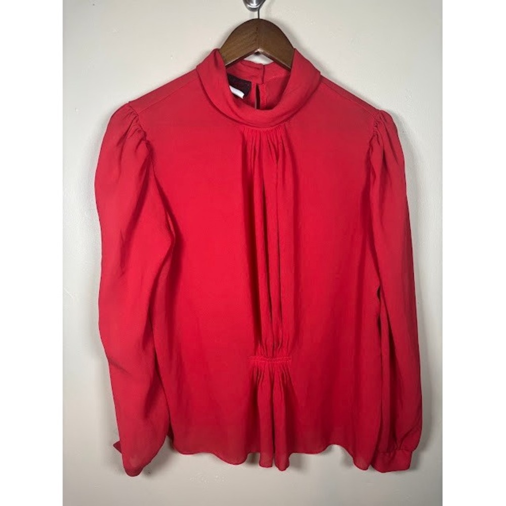 Vintage California Spice Red High Neck Pleated Blouse Large 1237 Retro 80s Top